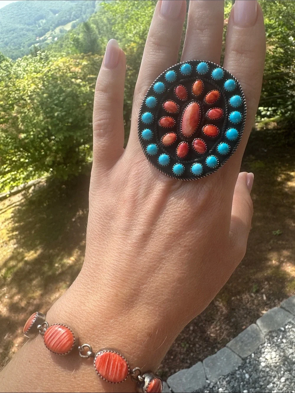 Navajo Devin Brown Sleeping Beauty & Spiny Oyster Sterling Silver Ring